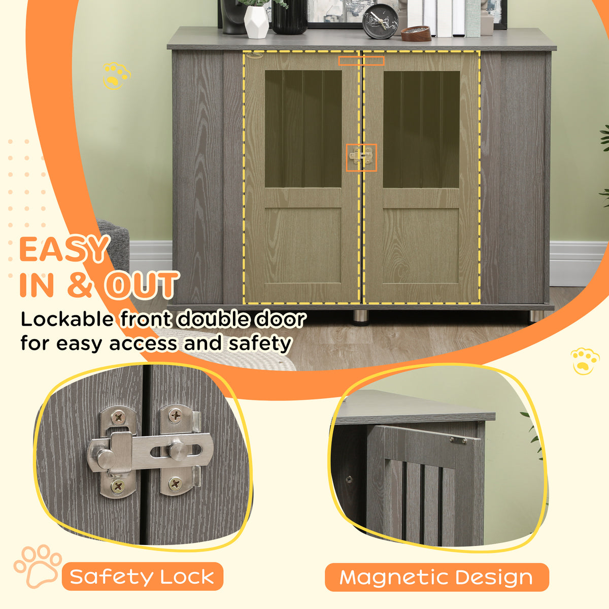 Grey dog crate table with a lockable double front door and magnetic closure
