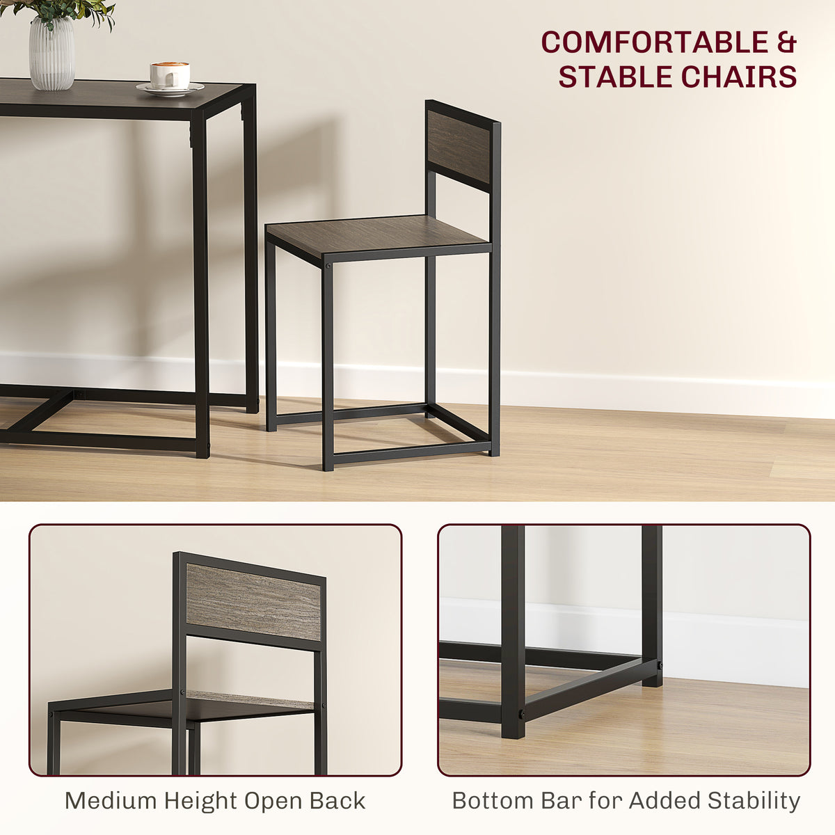 Dining set detail showing a gray wood-effect chair with open back and steel frame