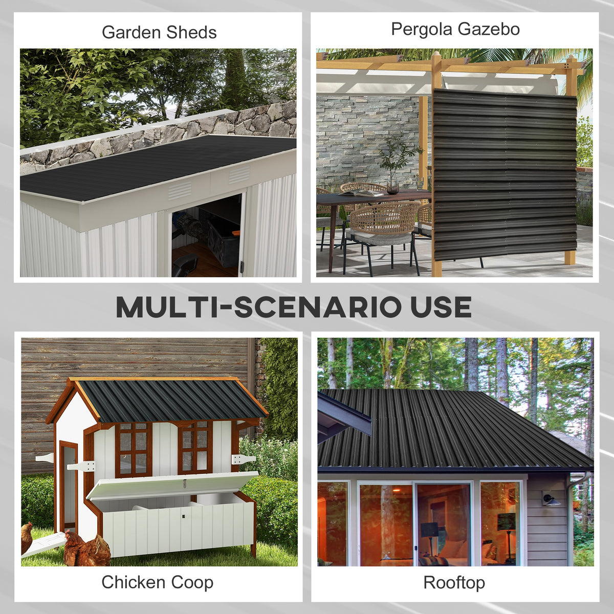 Corrugated steel roof panels shown on a shed, gazebo, chicken coop, and rooftop