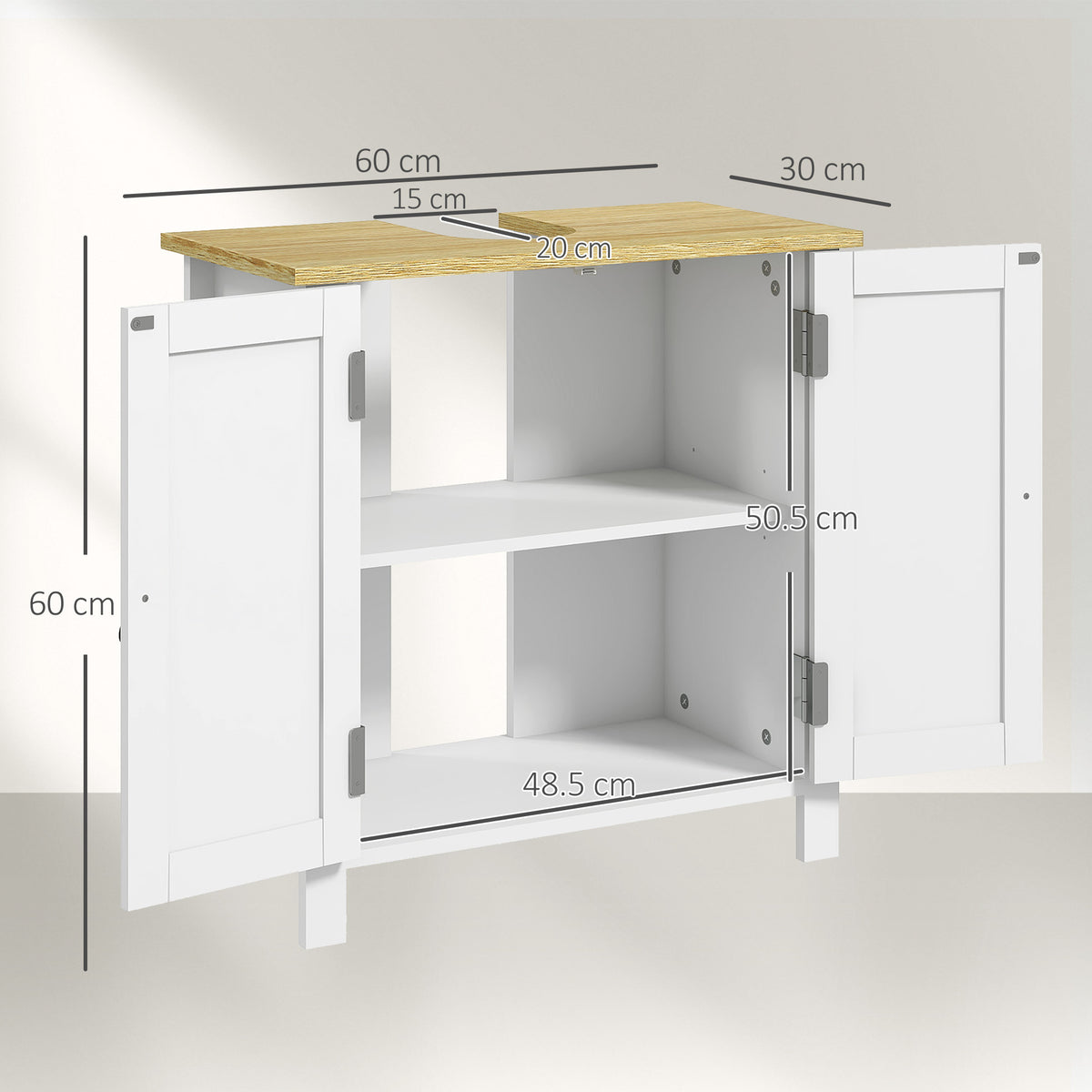 Open white bathroom sink cabinet showing adjustable shelf and interior dimensions