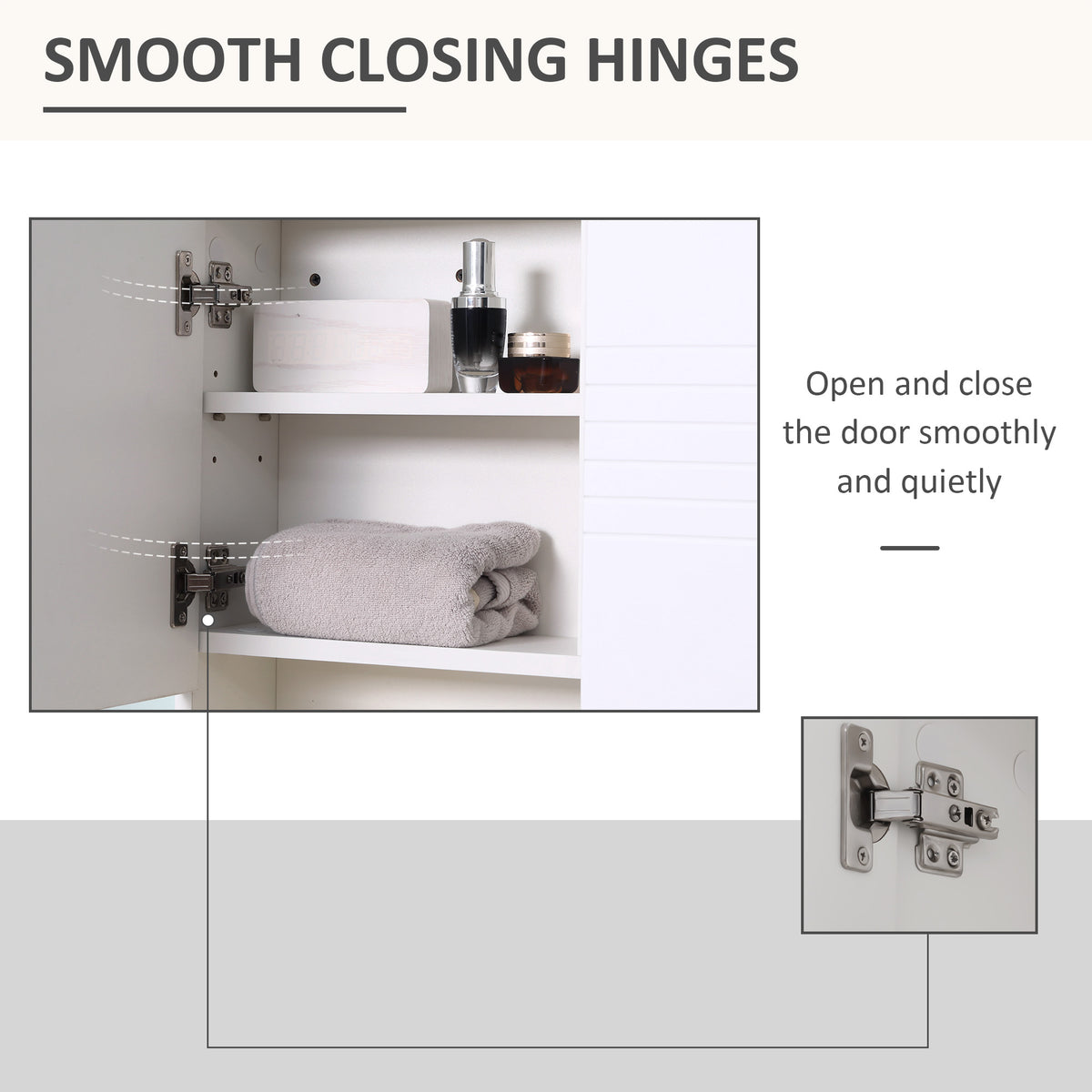 White mirror cabinet interior showing smooth-closing door hinges and storage shelves