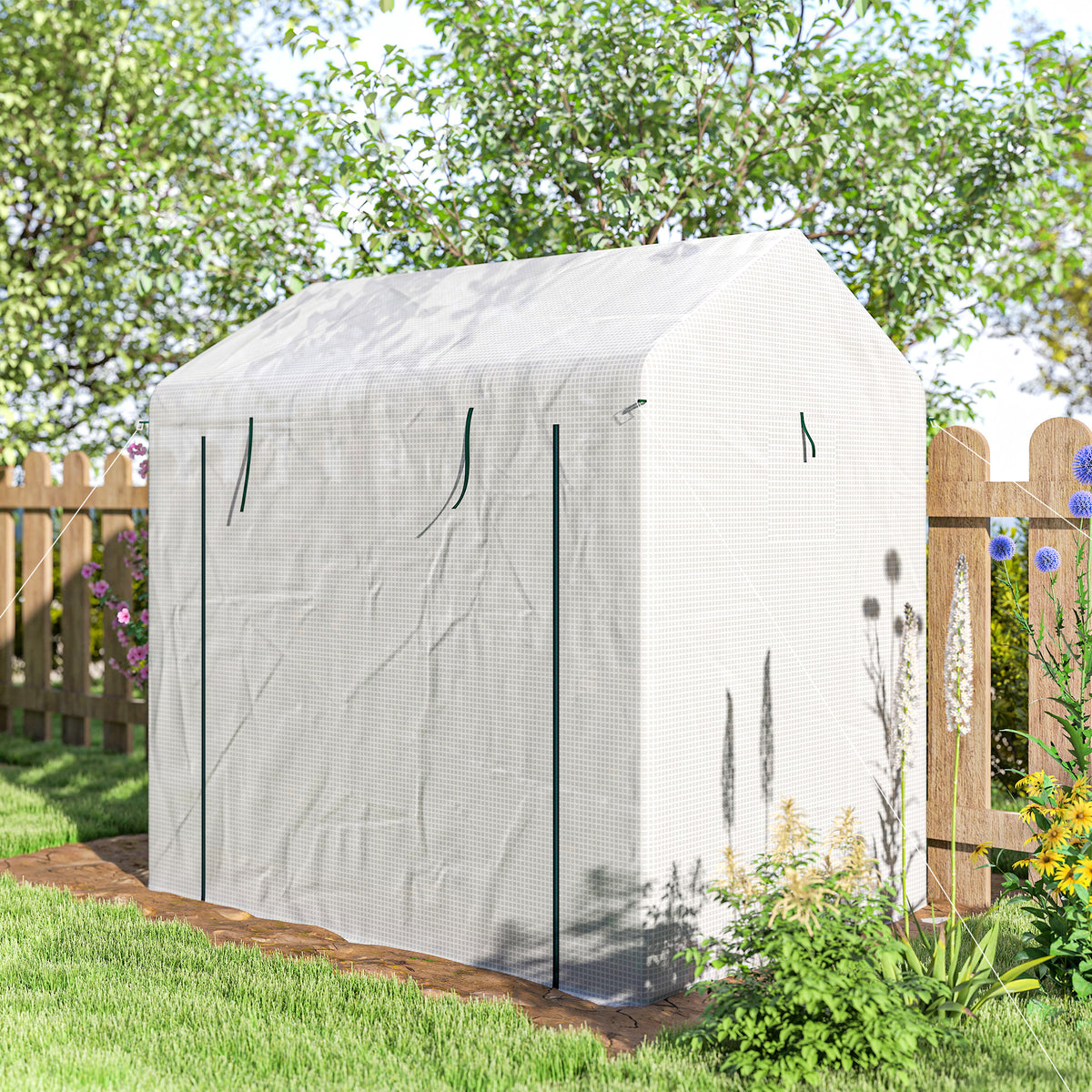 Outsunny Walk-in Greenhouse, Outdoor Tomato Greenhouse with Roll-up Door and Mesh Windows, PE Cover, 200 x 140 x 200cm, White