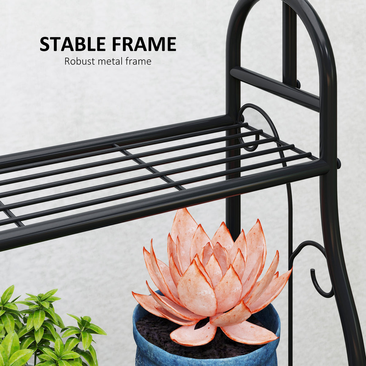 Outsunny plant stand close-up showing a slatted metal shelf and sturdy frame