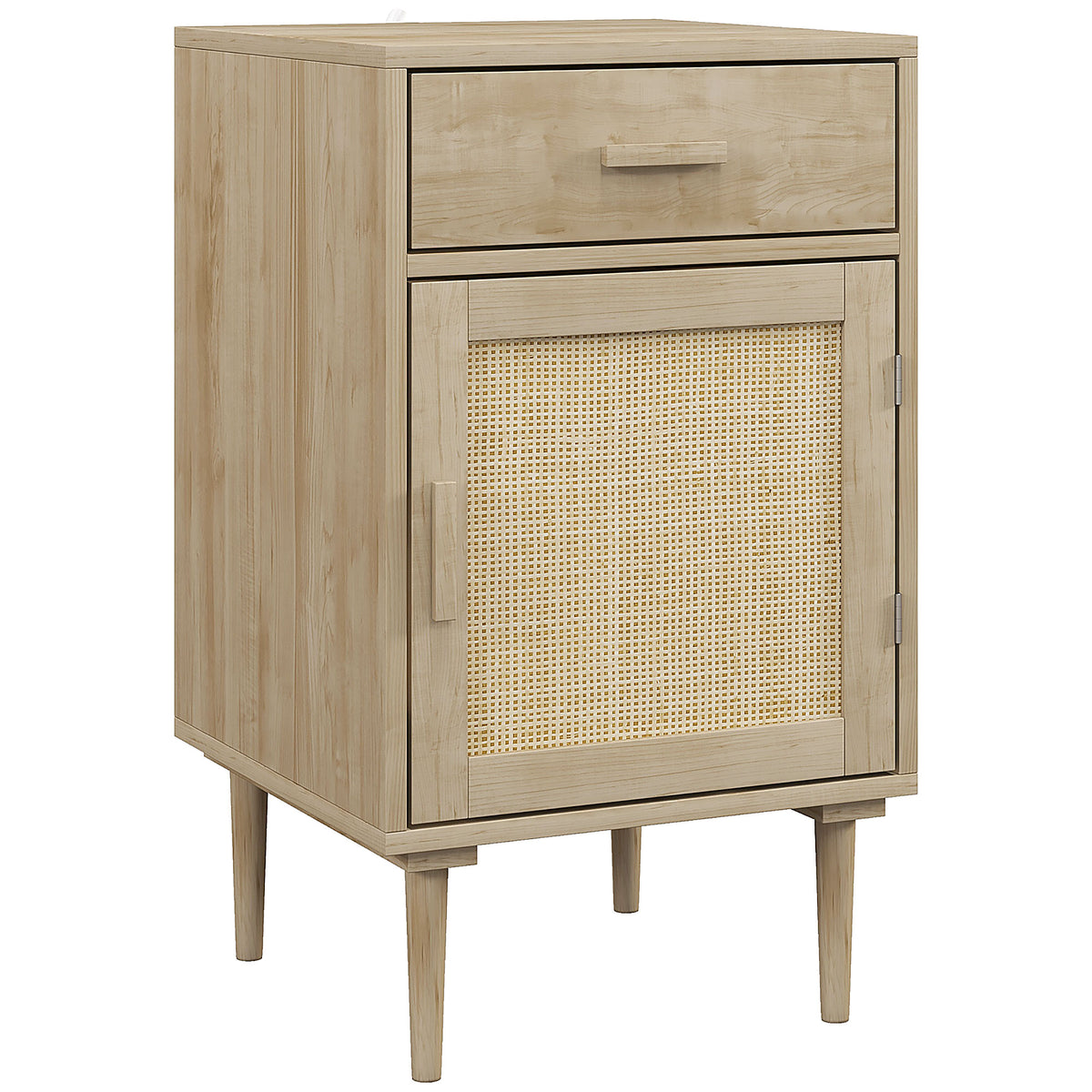 HOMCOM natural wood effect bedside table with drawer, rattan cabinet door and tapered legs