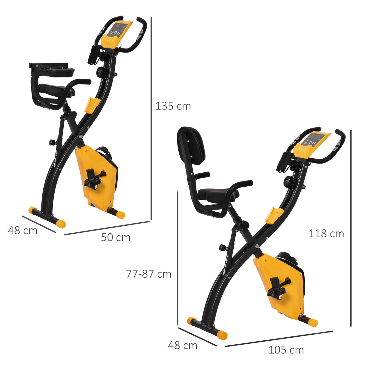 HOMCOM folding exercise bike shown upright and reclined, with black frame and yellow accents