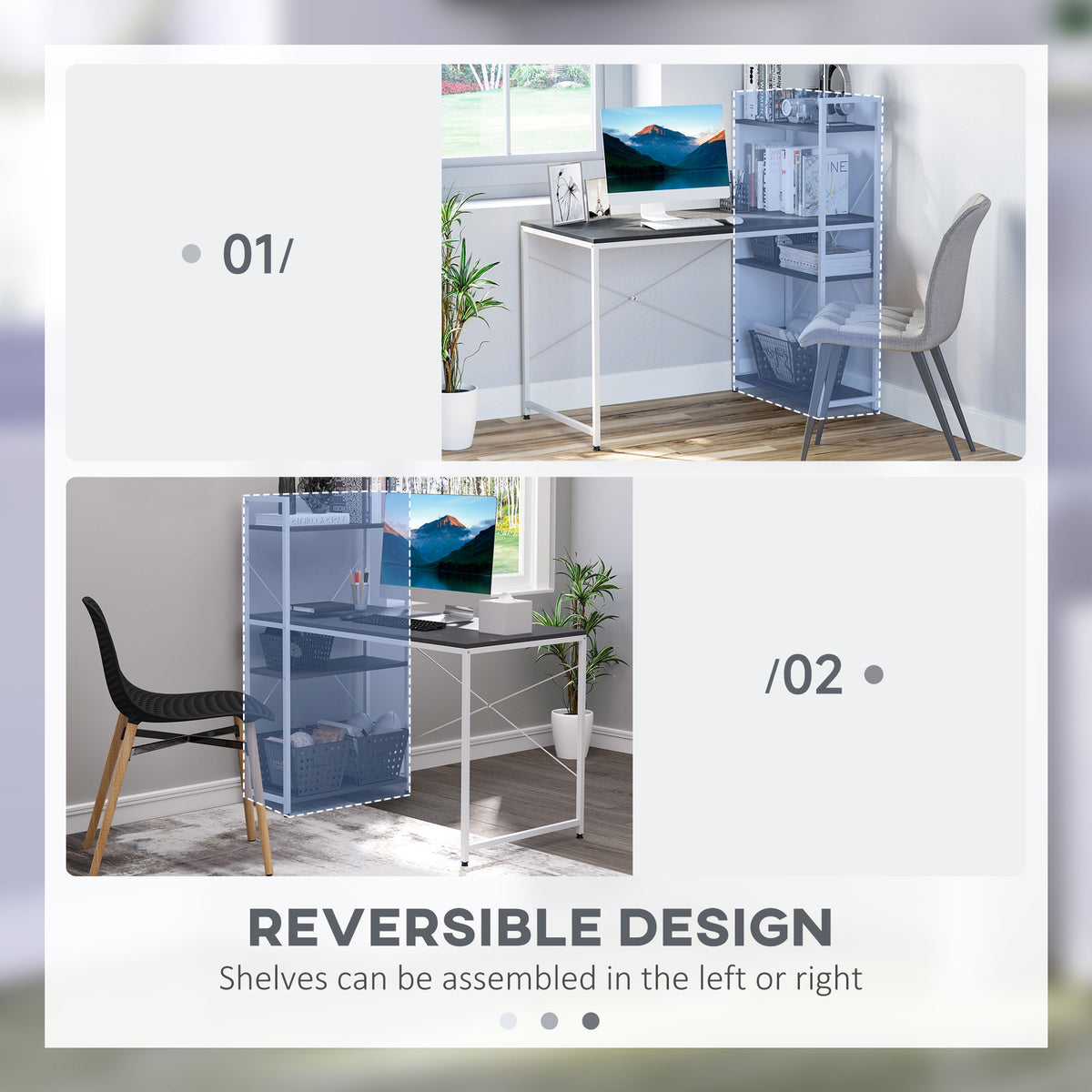 Reversible computer desk shown with shelves arranged on either side