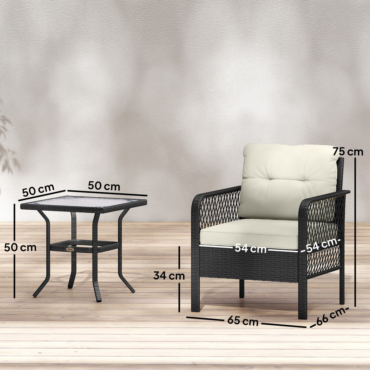 Outsunny 3 Pieces Rattan Bistro Set with Glass Top Coffee Table, Chairs and Cushions for Outdoor, Patio, Balcony, Cream