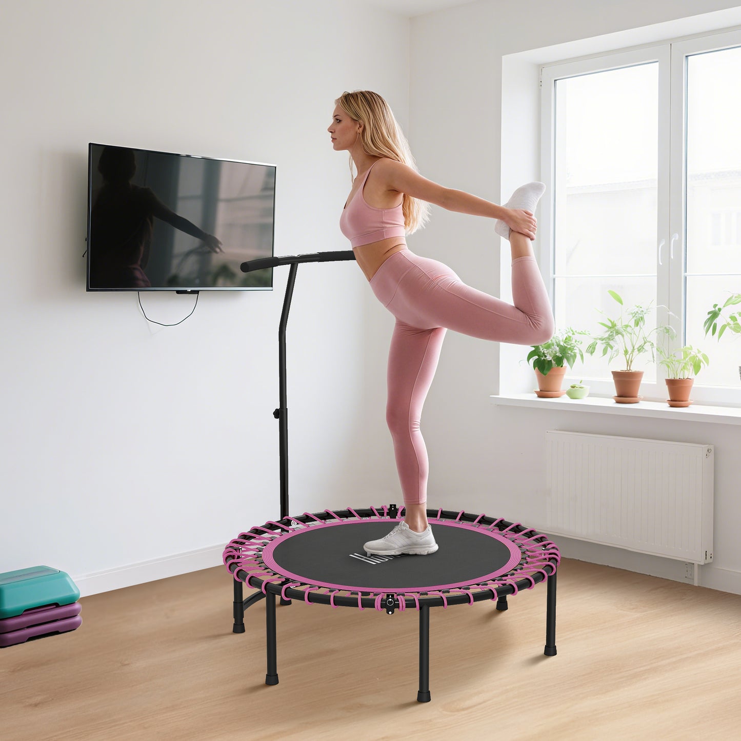 HOMCOM Mini Round Steel Frame Trampoline w/ Adjustable Handle, Pink