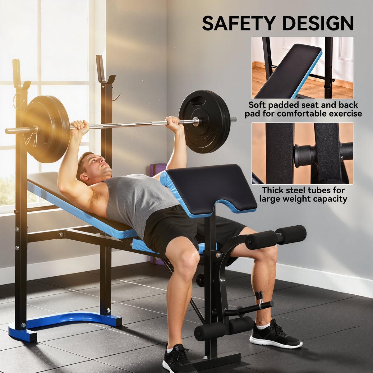 Weight bench with padded back and seat, barbell rack and leg developer shown during bench press