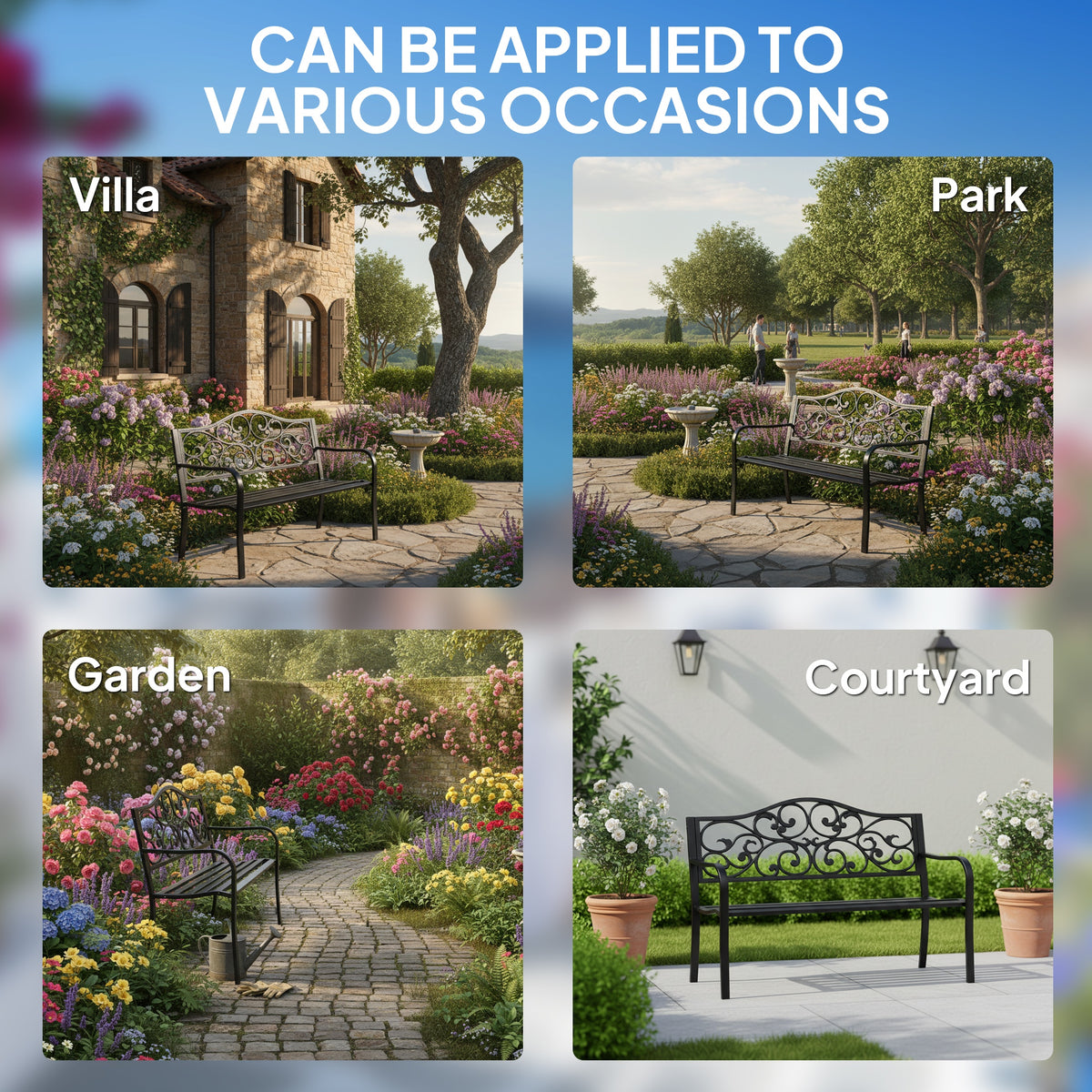 Black metal garden bench with floral scrollwork back shown in outdoor settings