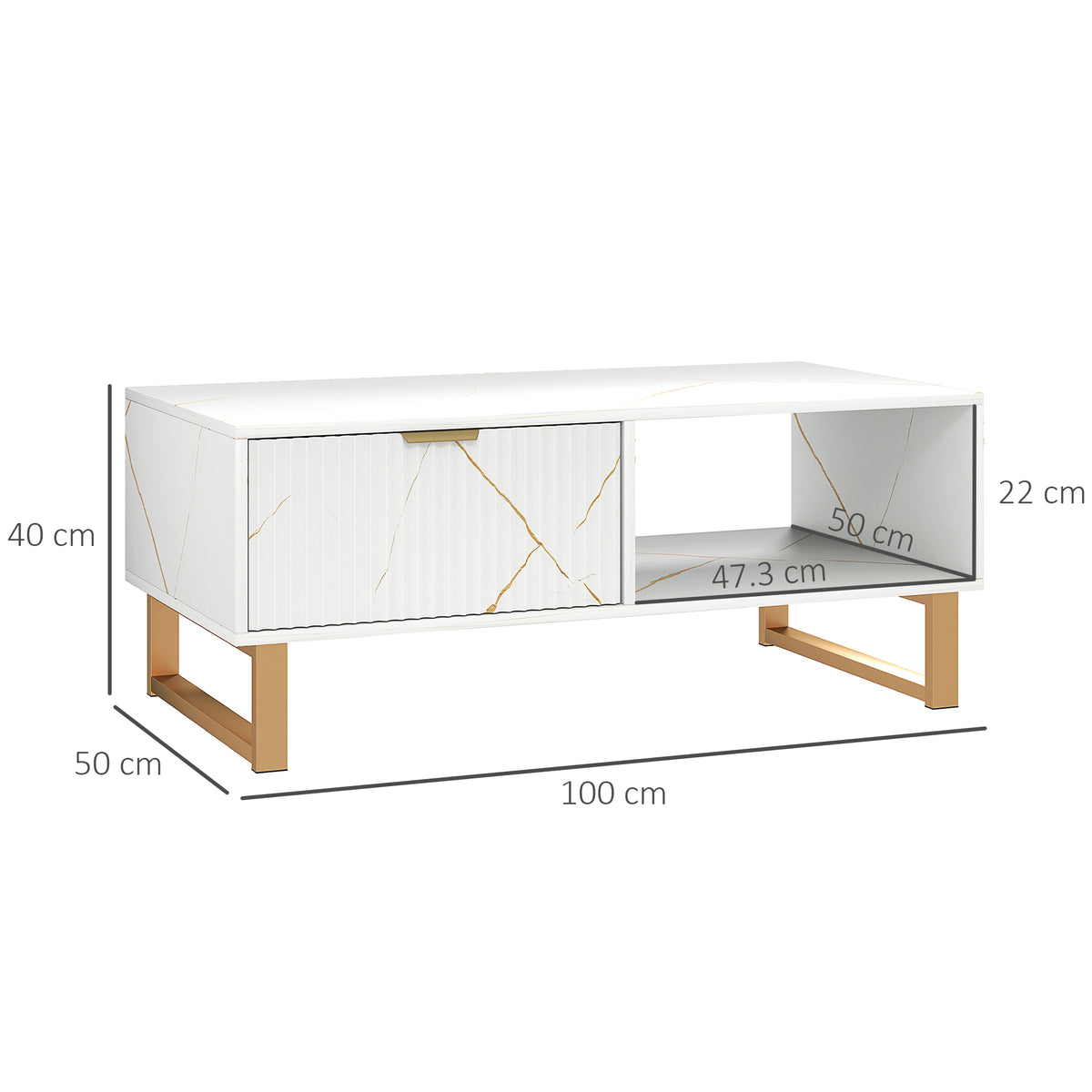 HOMCOM coffee table with white marble-effect finish, drawer, open shelf, and gold-tone legs; 100 cm wide