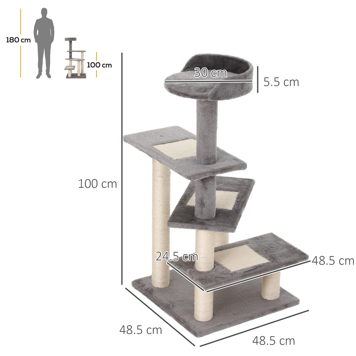 Grey cat tree with three platforms and top perch, shown with dimensions