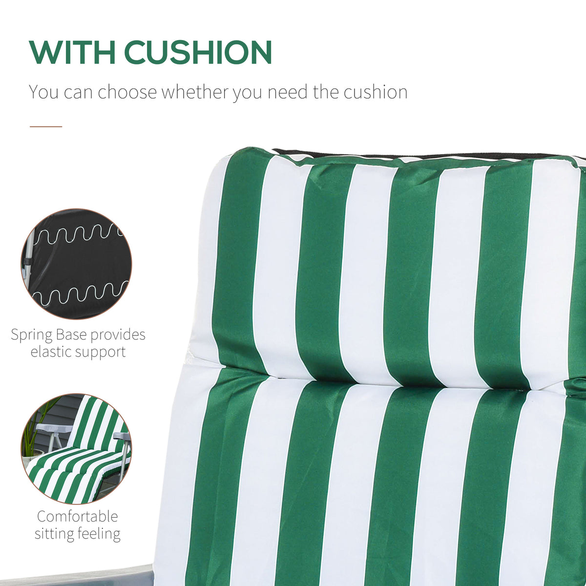 Close-up of the thick green and white striped cushion on a sun lounger