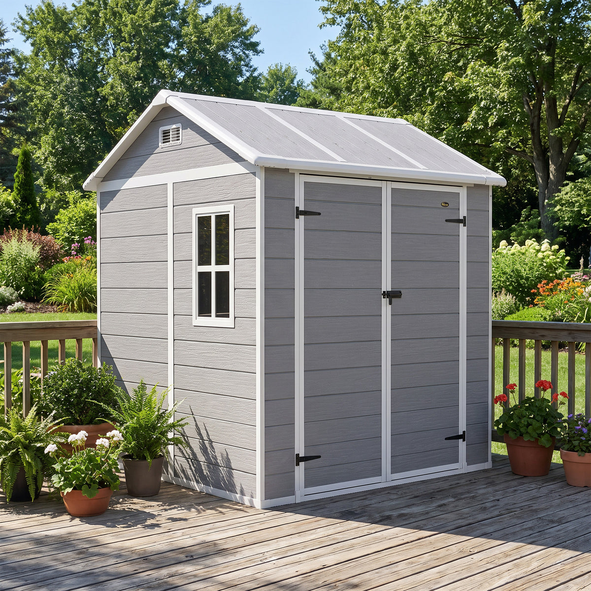 Grey resin garden shed with pitched roof, framed window, vents and lockable double doors