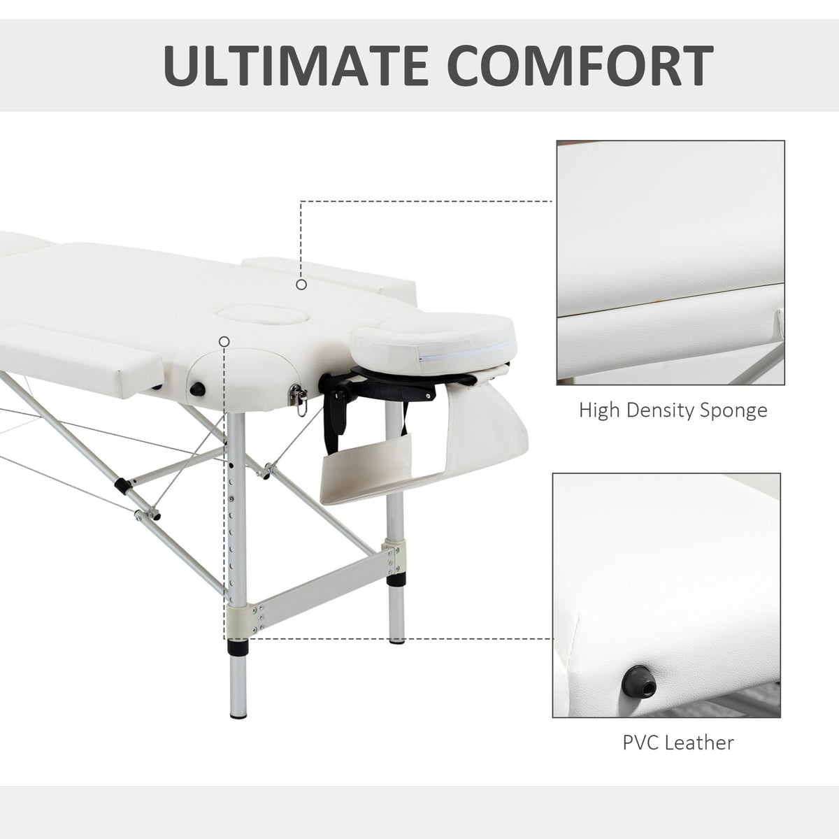 White massage table with padded surface, removable armrest, and adjustable aluminum frame