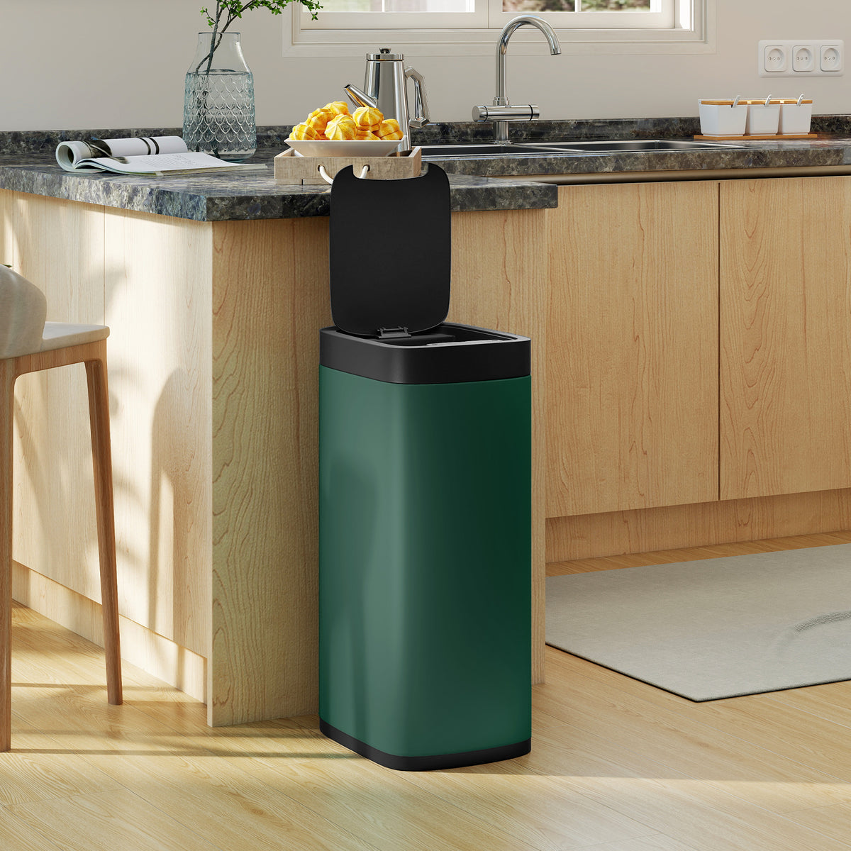 HOMCOM 50L Sensor Bin, Automatic Kitchen Bin, Manual Override, Battery Operated, Inner-Bucket-Free, for Kitchen, Bedroom