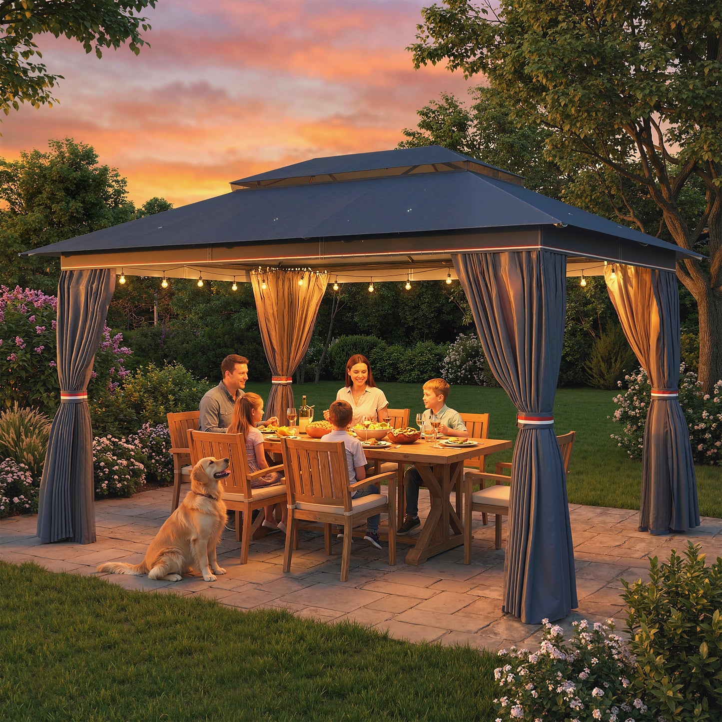 Outsunny 3 x 4 m Outdoor Garden Gazebo with Netting and Curtains, UPF50+ Patio Gazebo Permanent Pavilion Canopy, Dark Blue