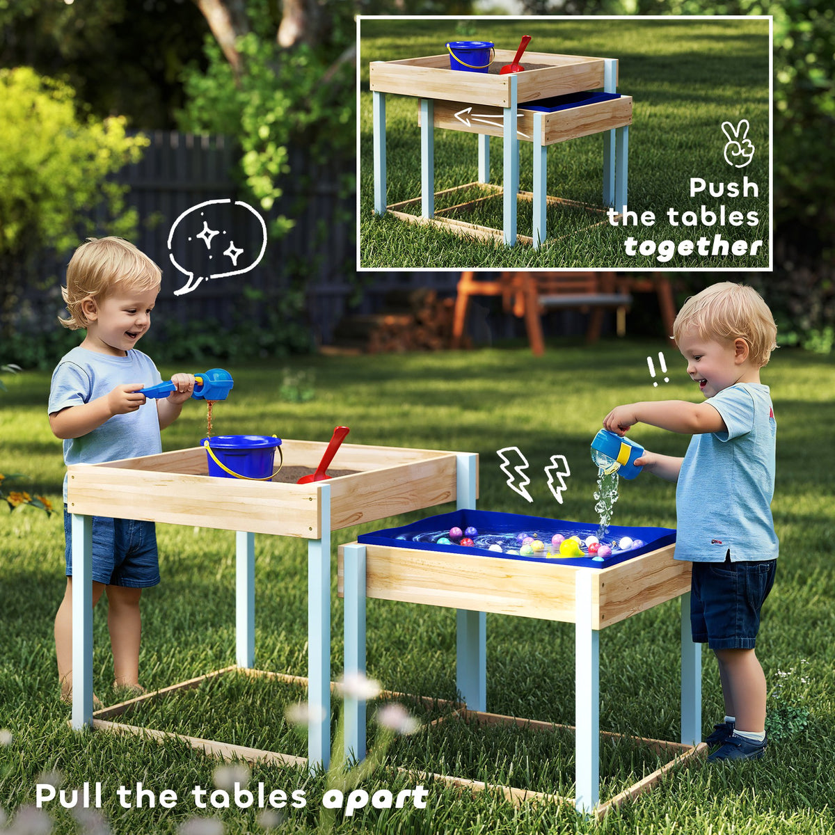 AIYAPLAY 2 PCS Wooden Outdoor Sand and Water Play Tables with Bottom Liner for Kids Aged 3-8 Years Old, Natural Wood Finish