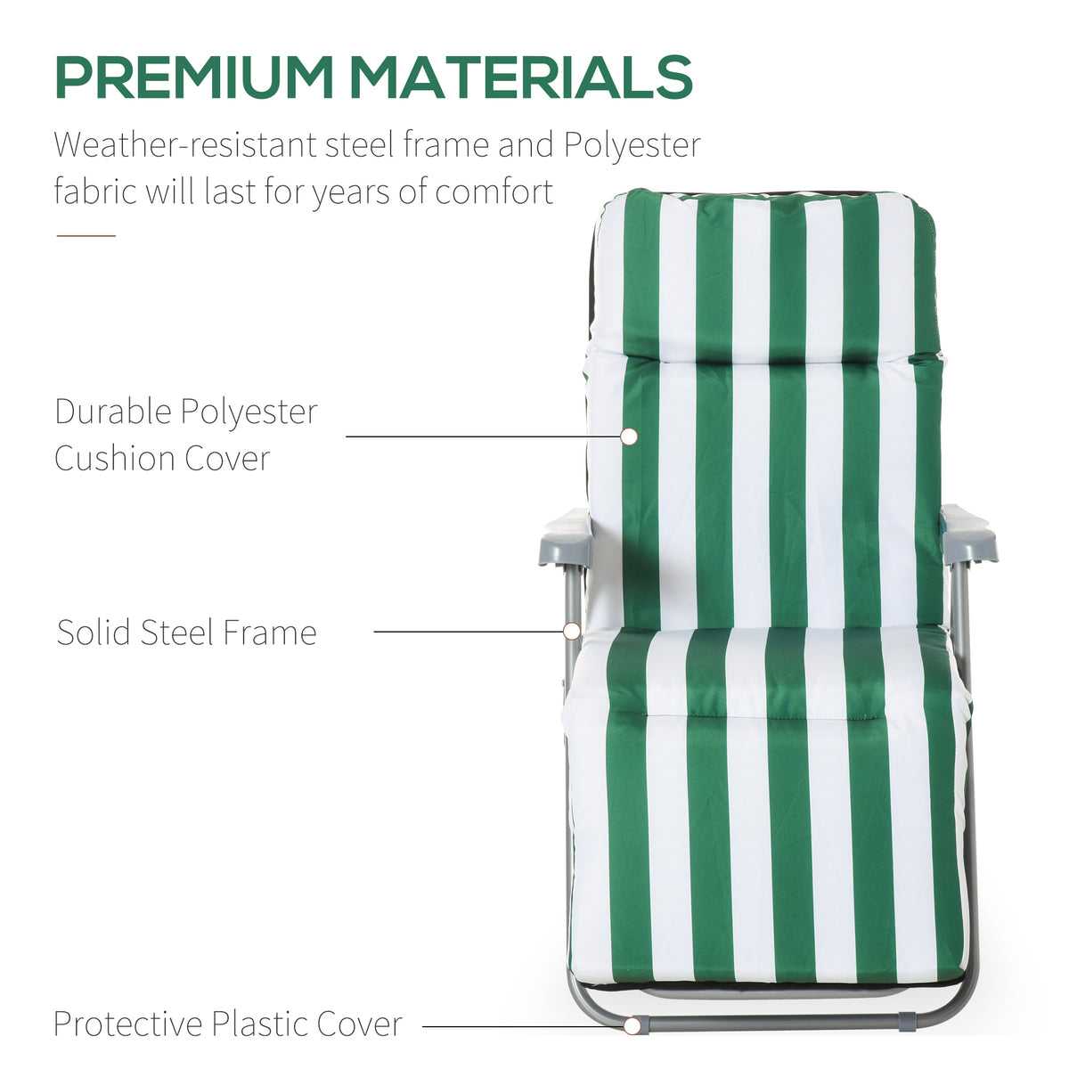 Front view of green and white striped sun lounger showing its padded cover and steel frame