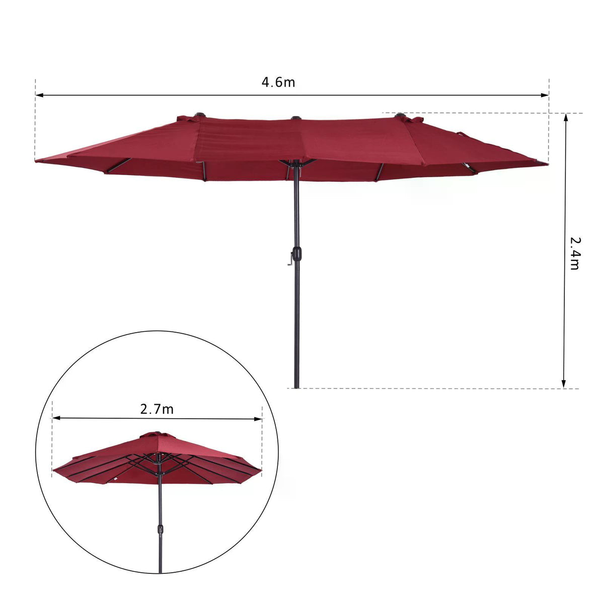 Outsunny wine-red double-sided parasol with 4.6 m canopy span and 2.4 m height dimensions