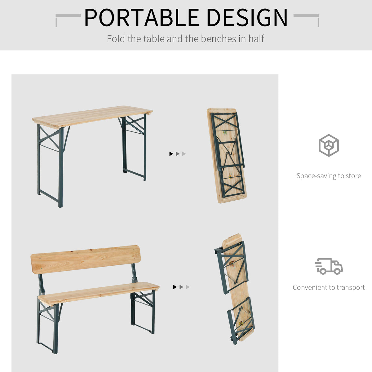 Folding fir wood table and benches shown open and folded for storage