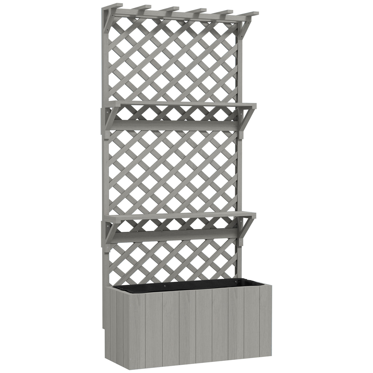 Outsunny grey wooden planter with tall lattice trellis, two shelves and a top pergola