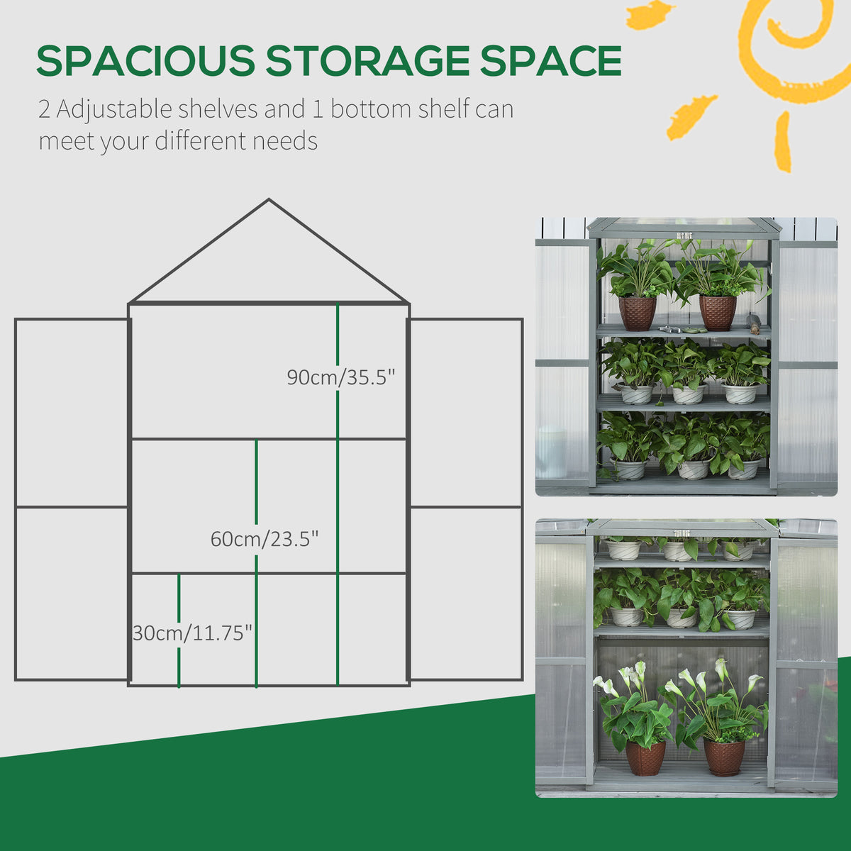 Grey greenhouse with two adjustable shelves and a bottom shelf for plant storage