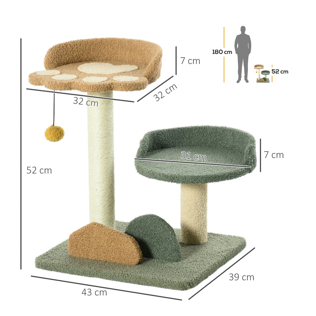 PawHut cat tree with dimensions, two beds, sisal posts, and a hanging ball toy