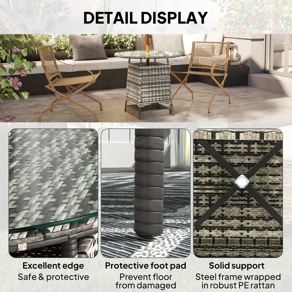 Outsunny wicker table details showing glass edge, protective foot pad, and steel support