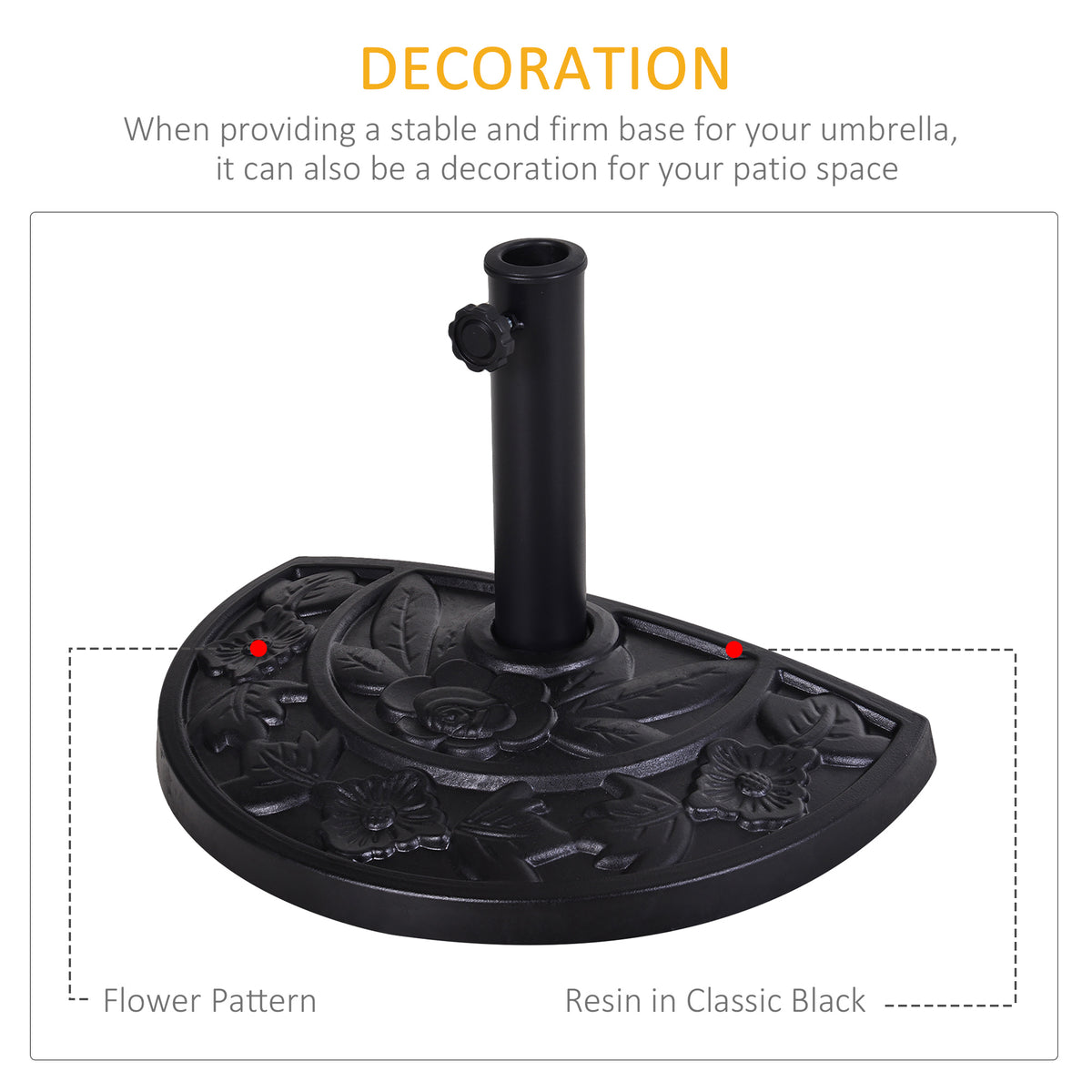 Black resin parasol base with raised flower pattern and adjustable pole holder