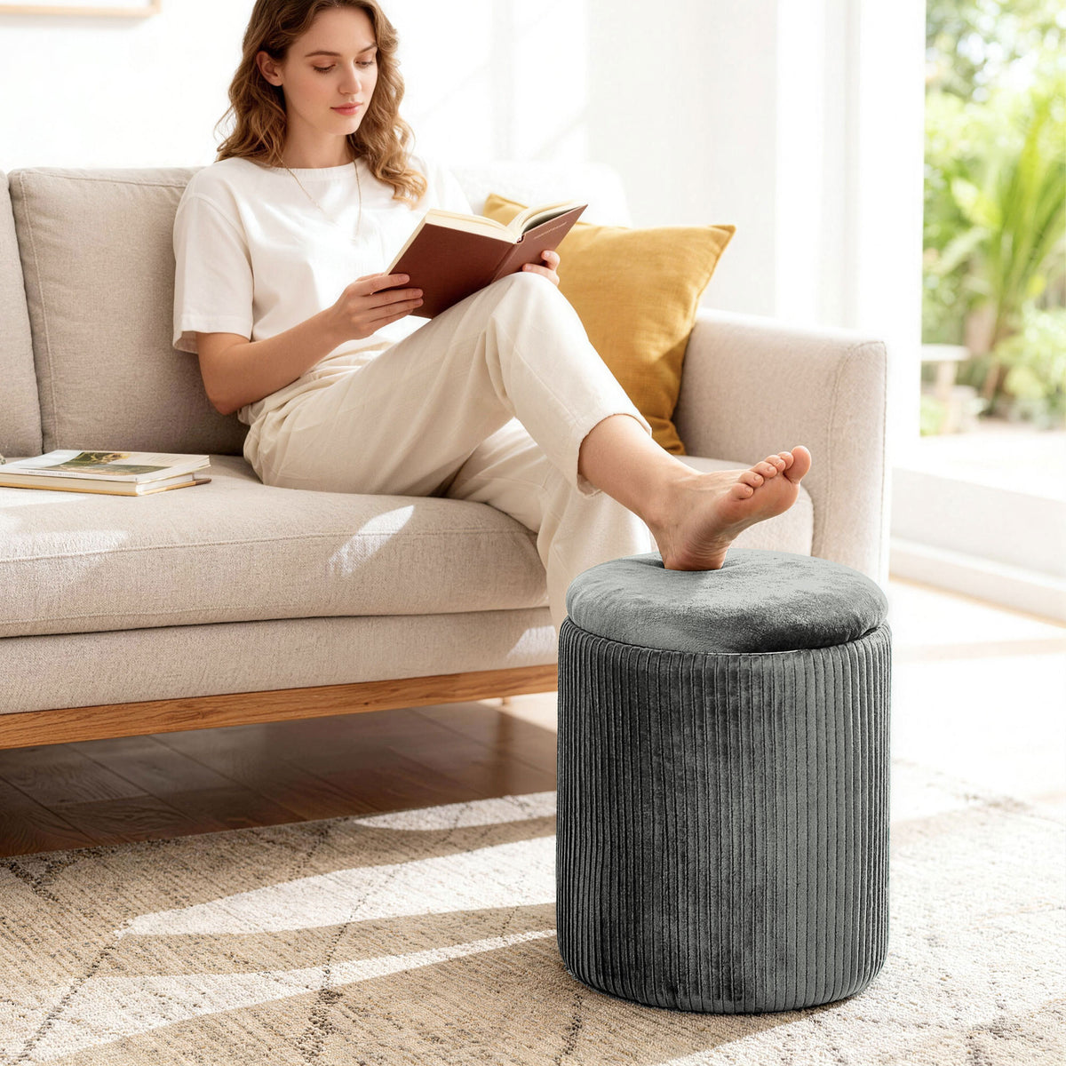 HOMCOM Storage Ottoman Modern Velvet Round Foot Stool for Living Room Bedroom 45 cm Grey