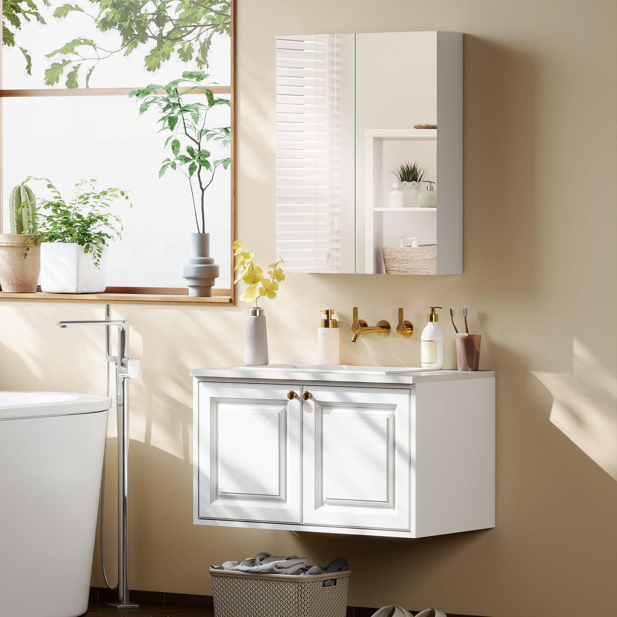 White wall-mounted bathroom mirror cabinet with one door open to reveal shelves.
