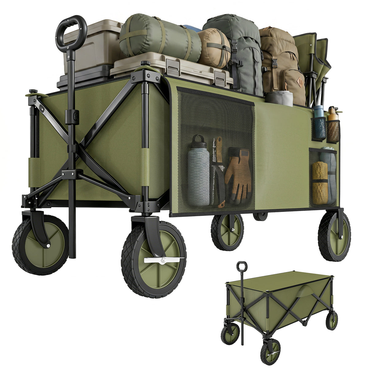 Outsunny green folding wagon with mesh panels, side pockets, pull handle and four wheels