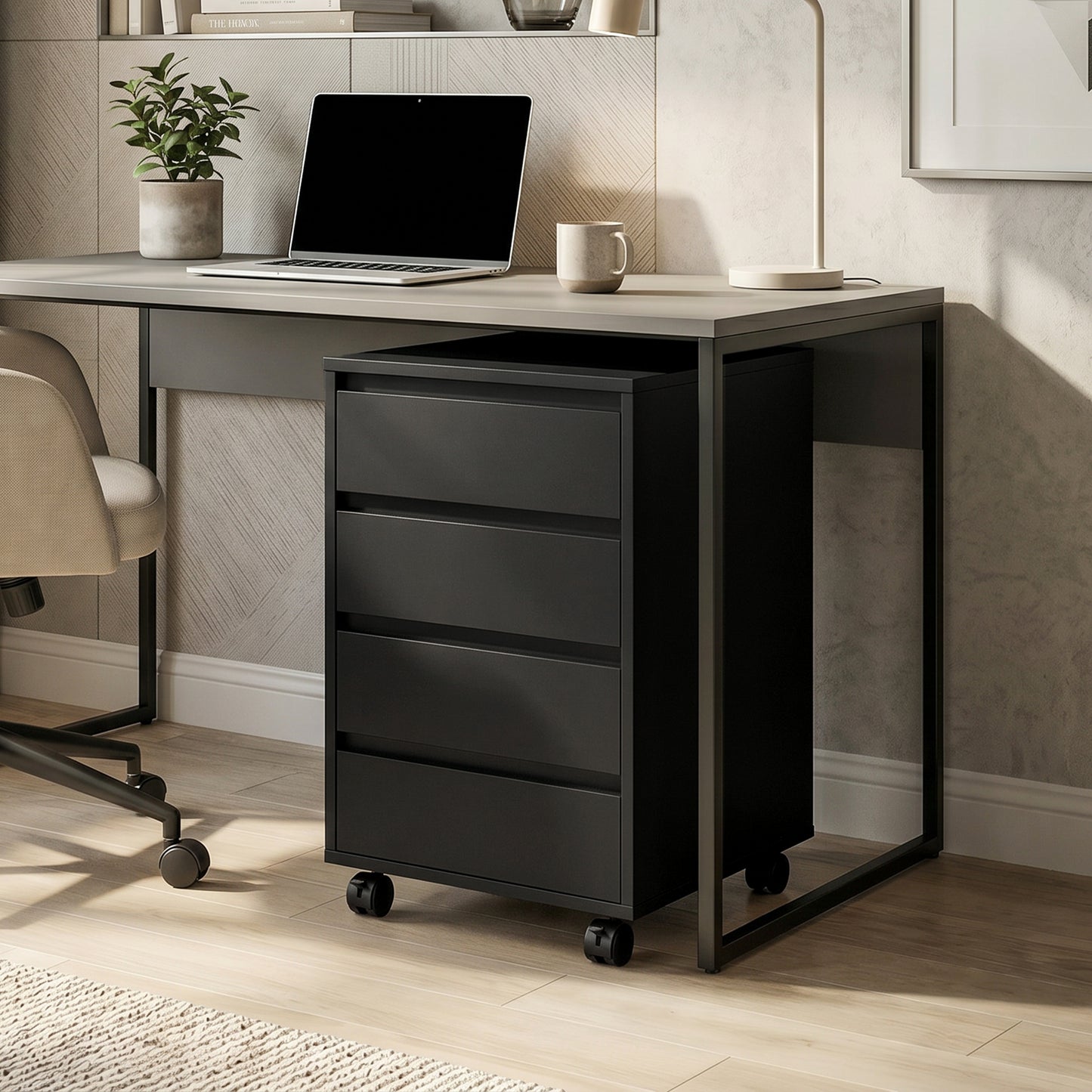 HOMCOM Four-Drawer Office Filing Cabinet, with Wheels - Black