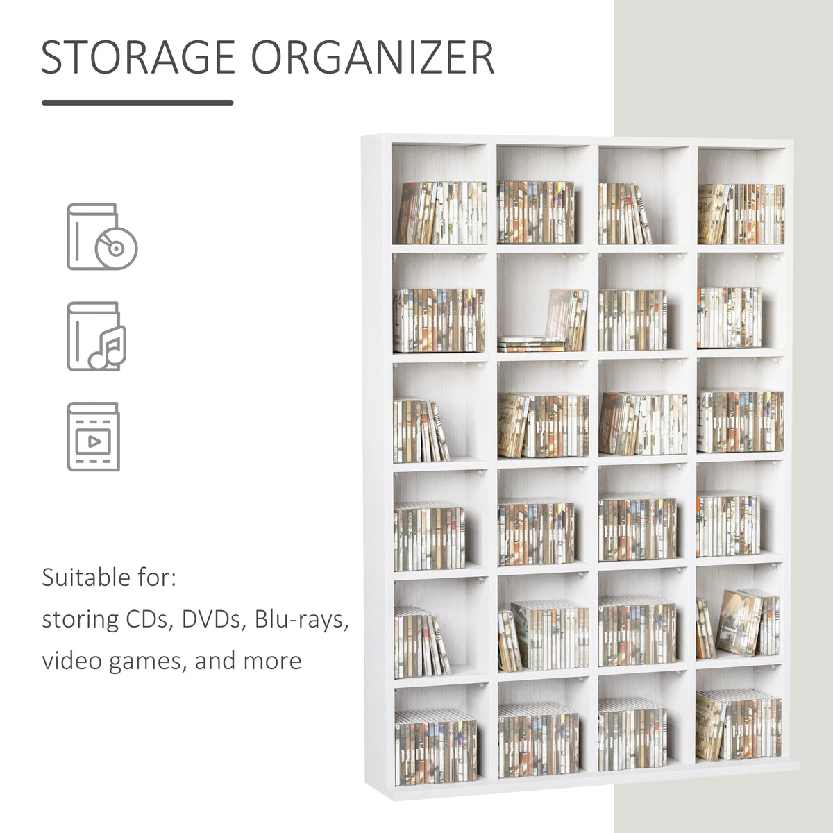 HOMCOM white CD storage unit with adjustable shelves, shown filled with discs