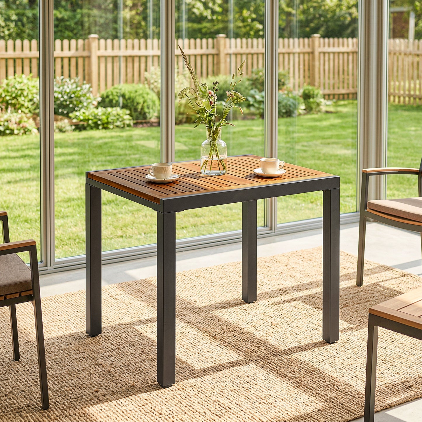 Outsunny Patio Dining Table Expandable Outdoor Dining Table Acacia Wood Top 80-120 cm Natural and Black