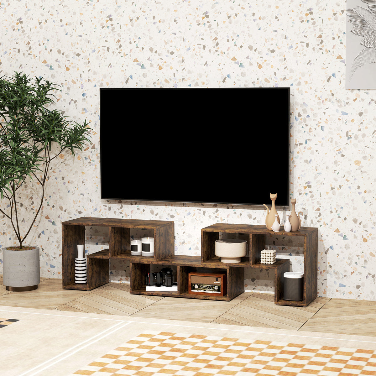 HOMCOM rustic brown modular TV stand with open cubbies beneath a television.
