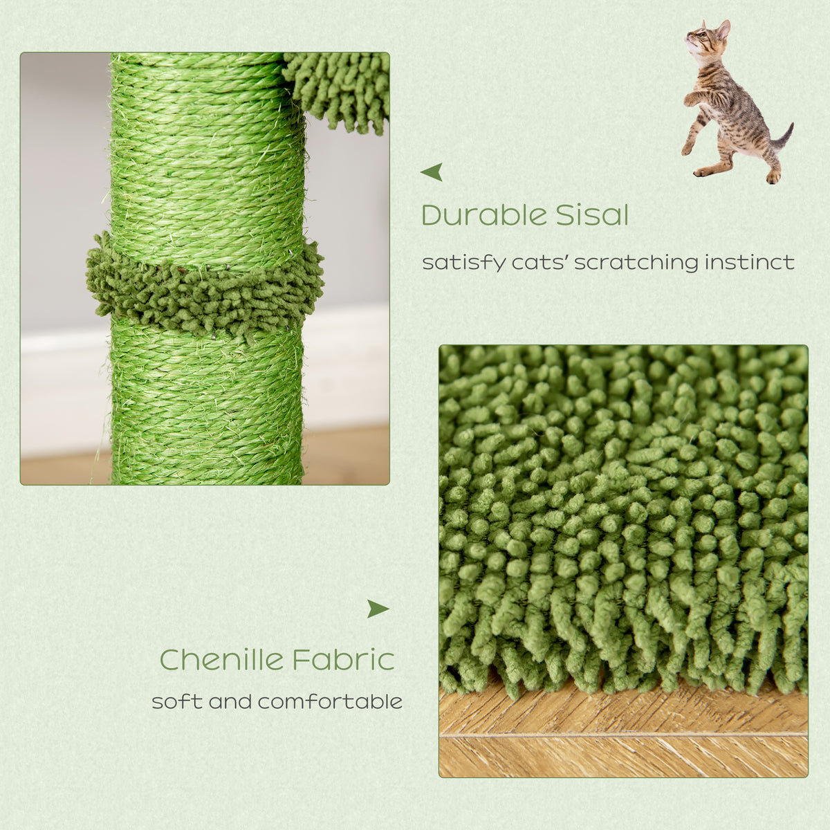 Close-ups of green sisal-wrapped post and soft chenille fabric on the cat tree