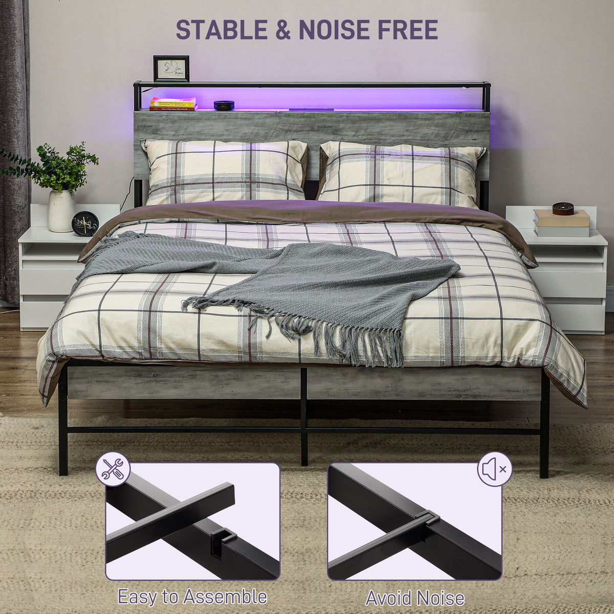 HOMCOM full bed frame with LED headboard and steel slat support