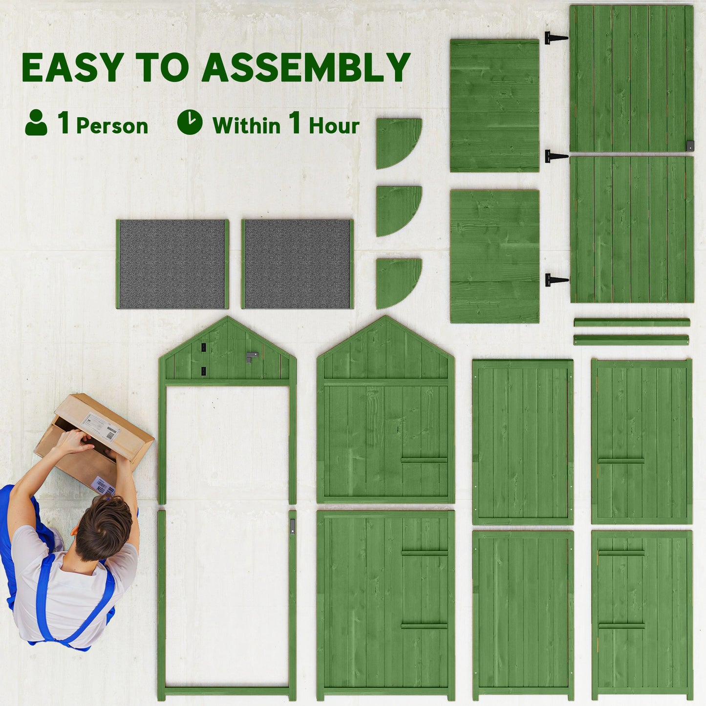 Outsunny Small Shed, Tall Slim Wooden Garden Shed with 3 Removable Shelves and Roof Hatch, Compact Outdoor Tool Storage Cabinet with Asphalt Roof and Door Latch, 77 x 54.2 x 179 cm, Green
