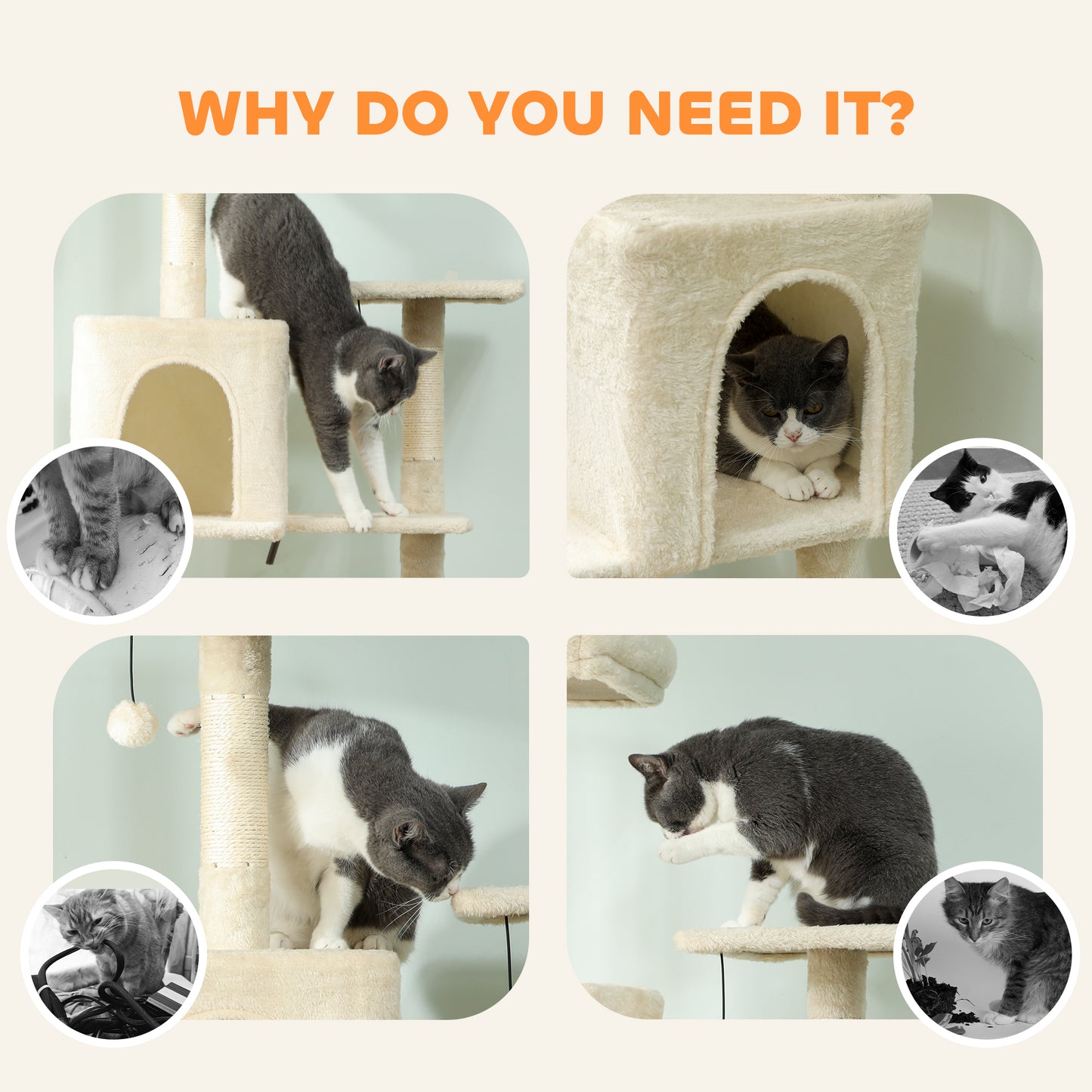 PawHut 202cm Cat Tree with 6 Scratching Posts, 2 Hammocks, 2 Condos, 2 Perches, Pompoms, for Cats to Rest and Play, Beige