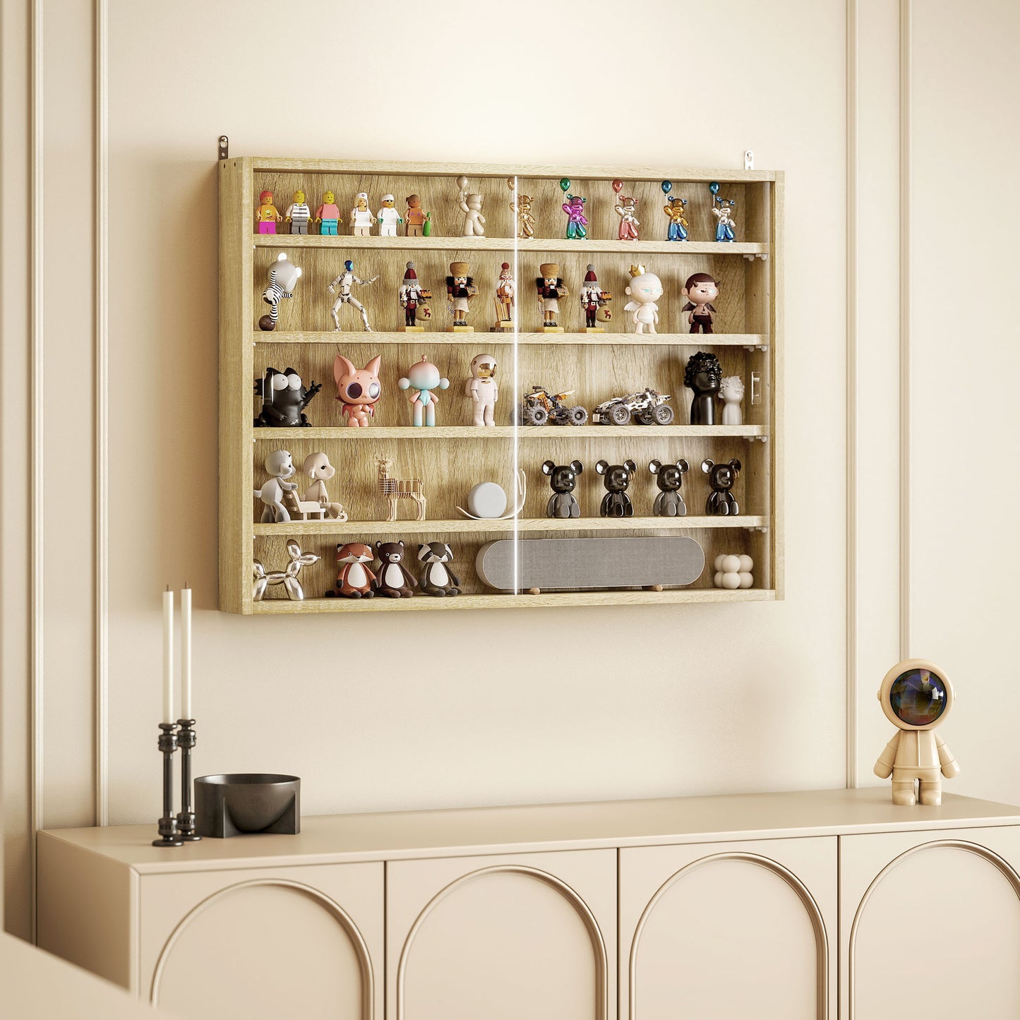 HOMCOM 5-Tier Wall Display Shelf Unit Cabinet w/ 4 Adjustable Shelves Glass Doors Home Office Ornaments 60x80cm Oak