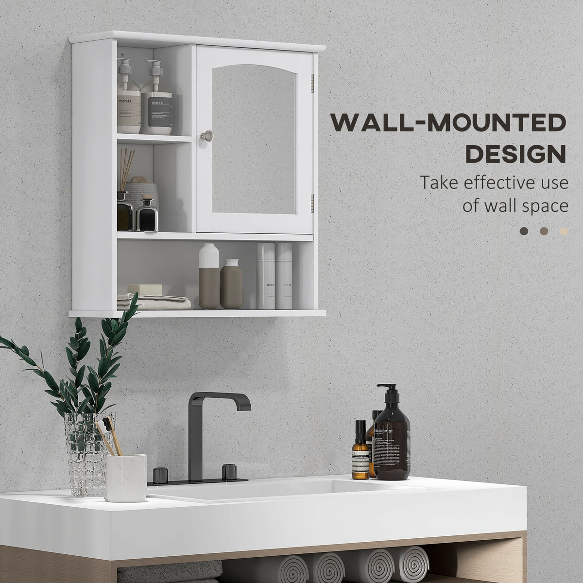 Wall-mounted white mirror cabinet above a bathroom sink, with open storage shelves