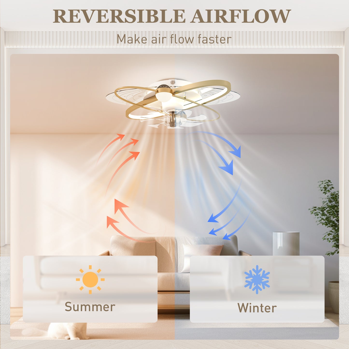 HOMCOM Ceiling Fan with Light and Remote, 3 Colour Temperatures, LED Mount Ceiling Fan Light for Bedroom, Gold Tone