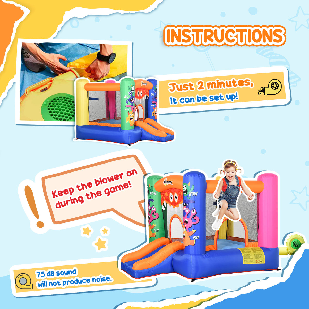 Inflatable monster bounce house with twin slides and mesh walls, shown with a child jumping inside