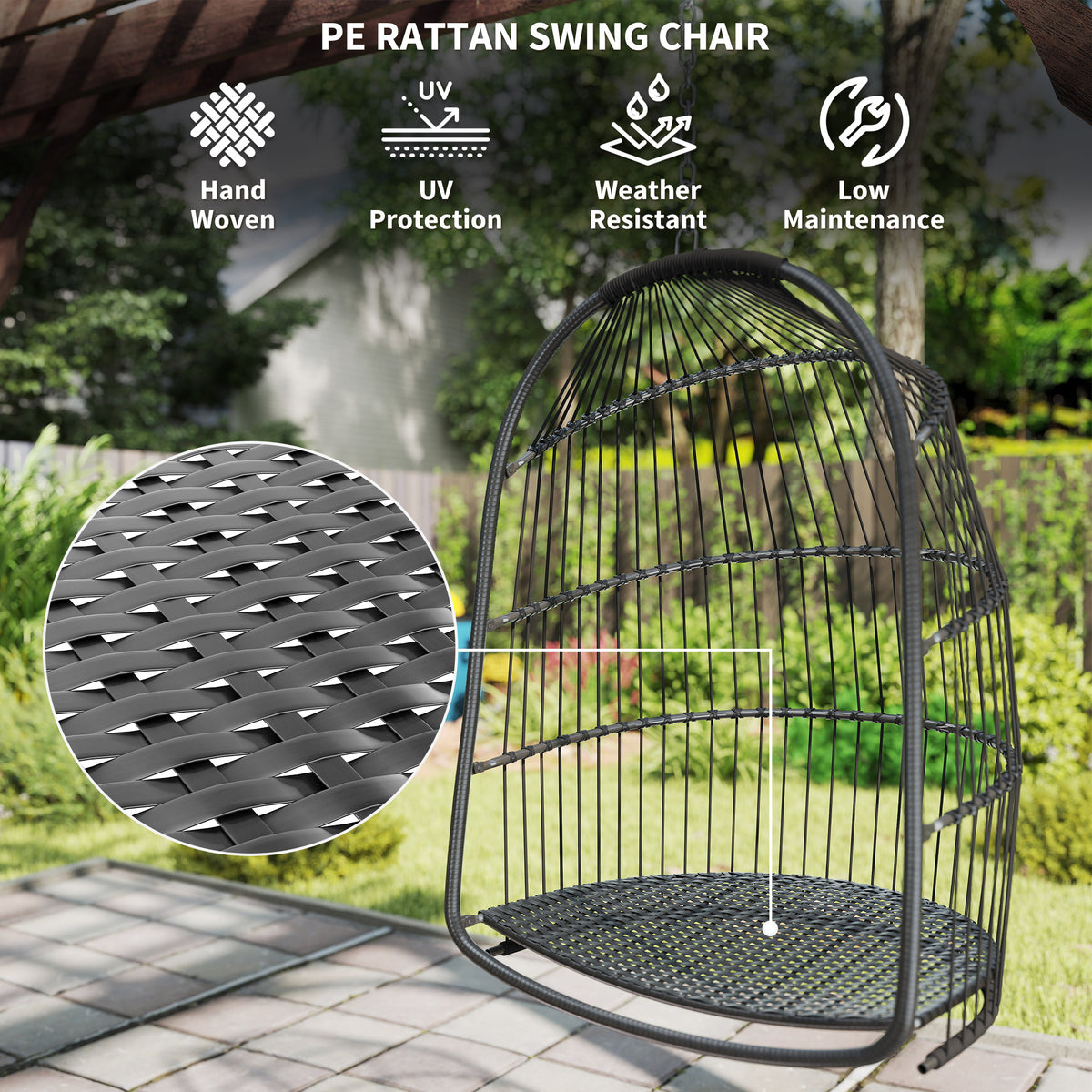 Dark gray PE rattan hanging egg chair frame with hand-woven basket seat