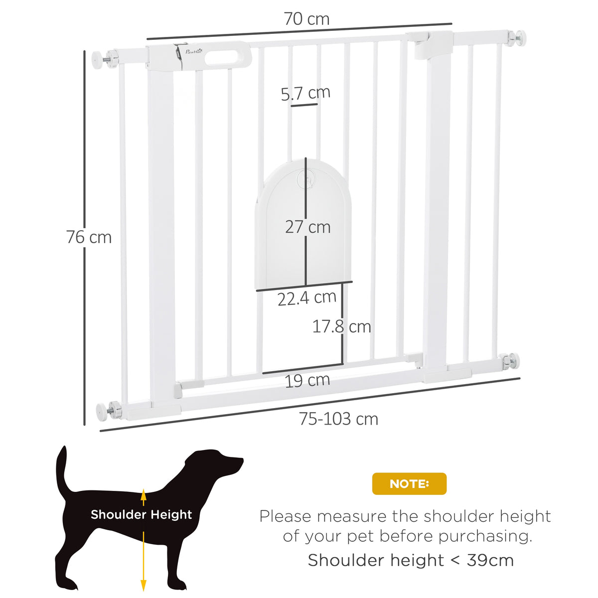 PawHut white pet gate with cat flap, shown with dimensions and adjustable width of 75–103 cm
