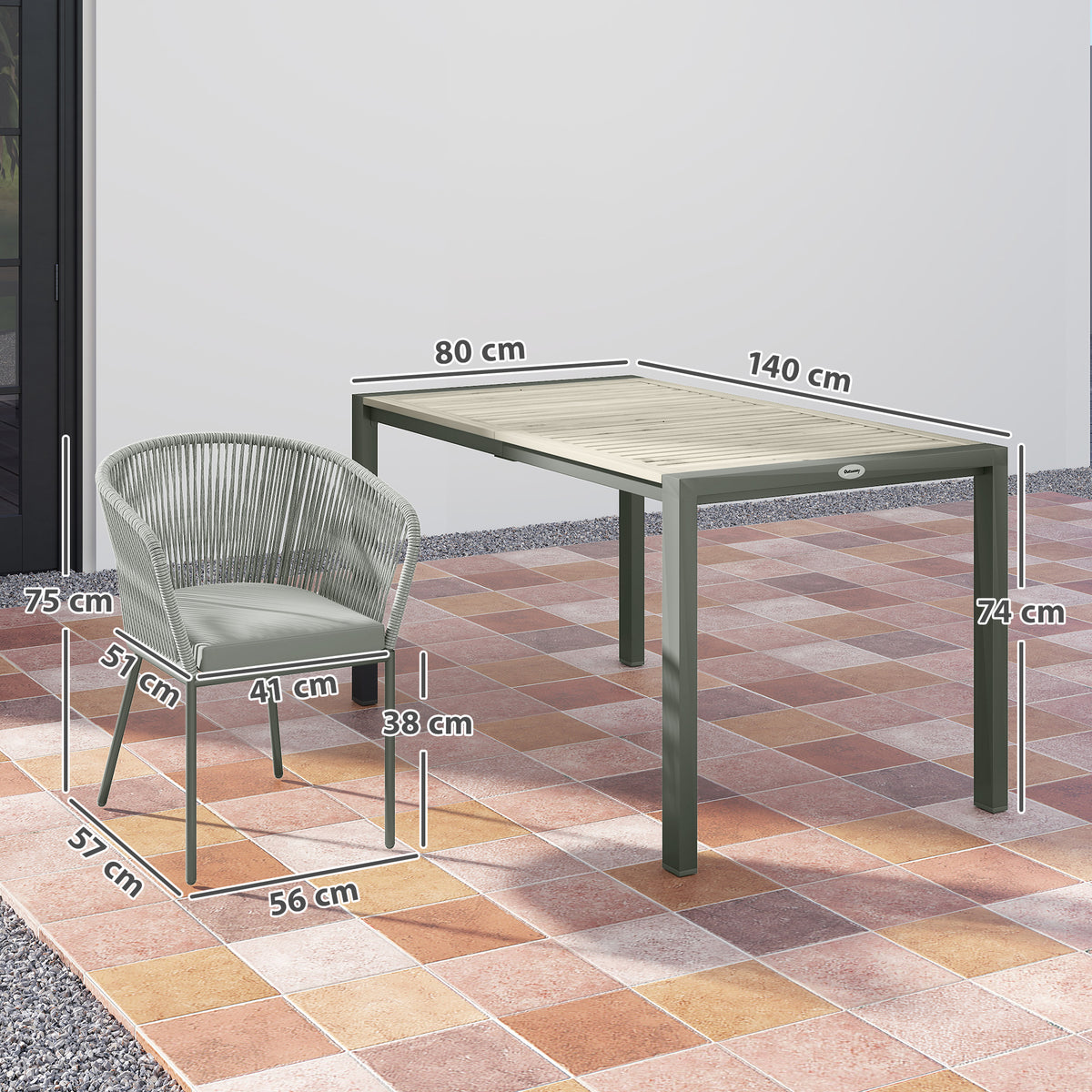 Rattan dining chair and rectangular table with labeled dimensions