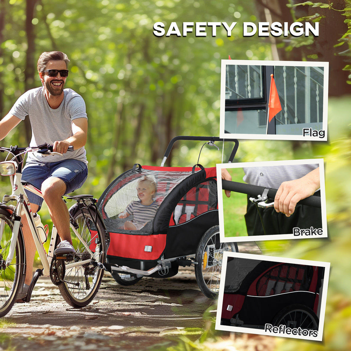 HOMCOM 2 Seat Bike Trailer with 5 Point Harness, Baby Bike Stroller with Safety Flag, Reflectors, for 18+ Months, Red