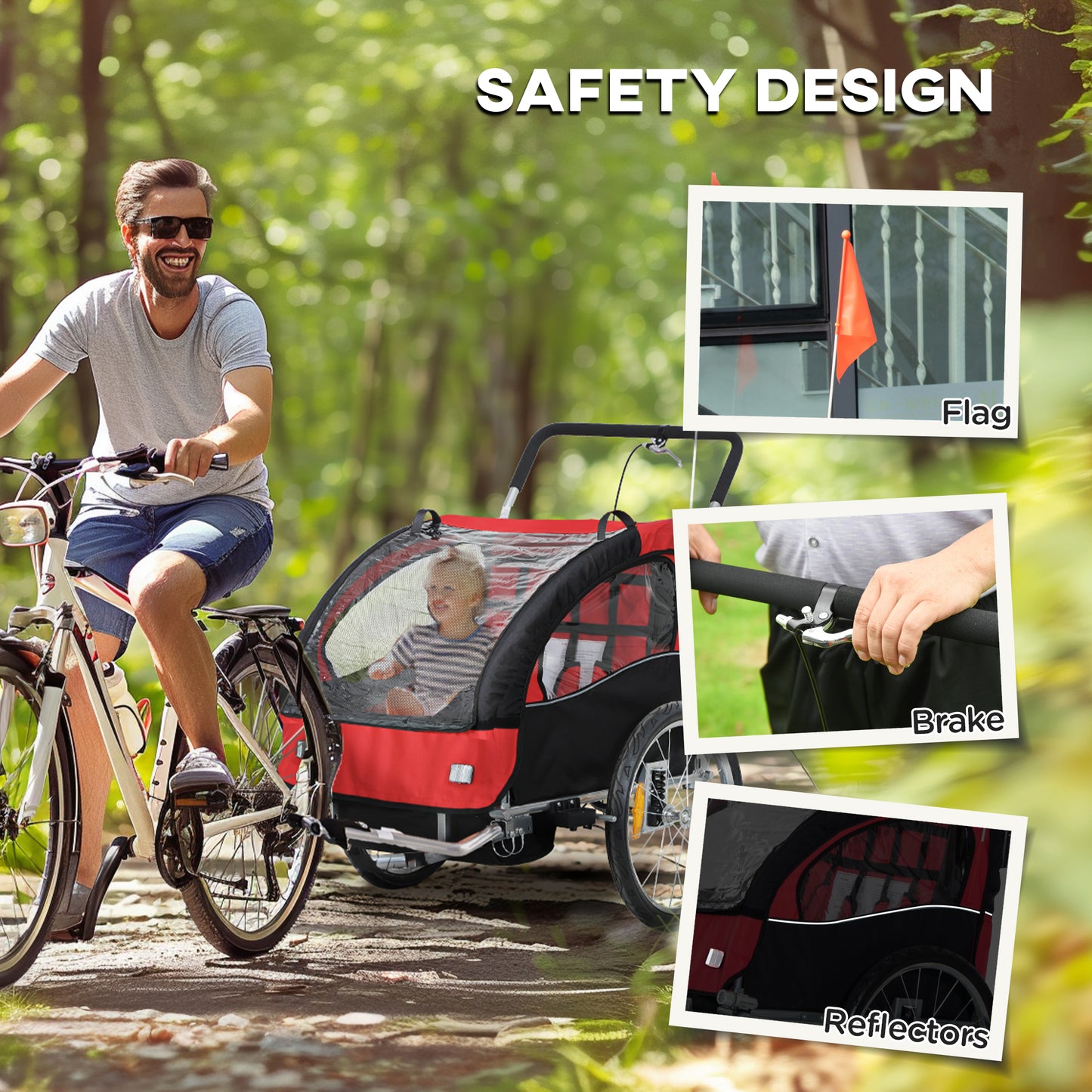 HOMCOM 2 Seat Bike Trailer with 5 Point Harness, Baby Bike Stroller with Safety Flag, Reflectors, for 18+ Months, Red